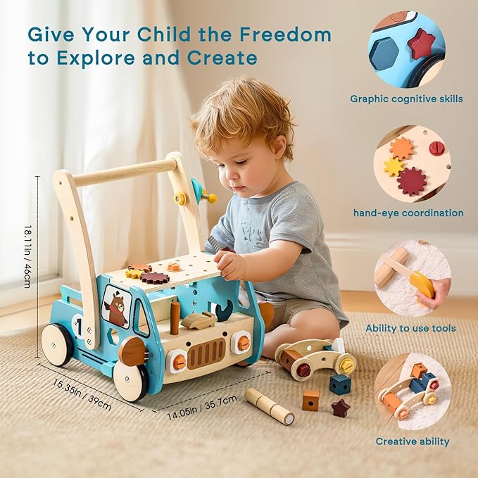 OESSUF 2-in-1 Wooden Baby Walker with 40 PCS Tool Toys – Baby Push Walker for 6-12 Months, Activity Center for Toddlers Aged 1-3 Years, Montessori Toy for Boys and Girls (Blue)