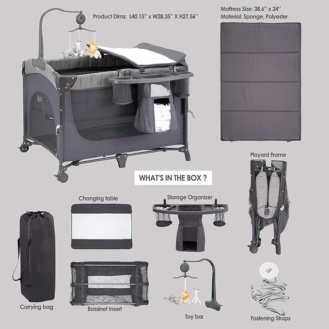 Baby Bedside Bassinet Sleeper,5-in-1 Pack and Play with Full-Size Bassinet,Baby Playard with Changing Table,Storage Shelf,Music Mobile with Soft Toys for Newborn to Toddlers (Grey)