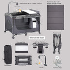 Baby Bedside Bassinet Sleeper,5-in-1 Pack and Play with Full-Size Bassinet,Baby Playard with Changing Table,Storage Shelf,Music Mobile with Soft Toys for Newborn to Toddlers (Grey)