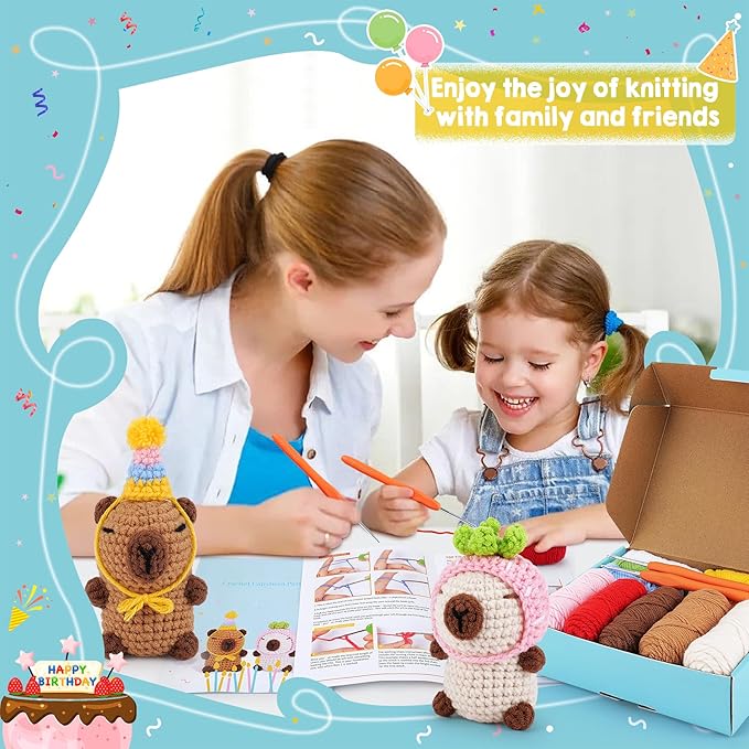 Crochet Kit for Beginners-2PCS Animals Brown and Beige Capybara Crochet Kit with Step-by-Step Video Tutorials, Stuffed Animal Knitting Kit for Adult Kids, Capybara Party Crocheting Kit for Birthday