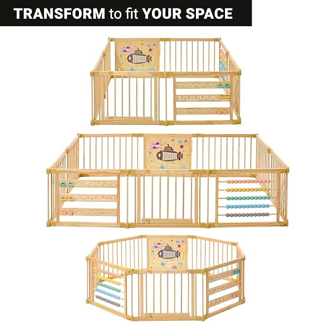 Wooden Playpen Extra Large for Toddlers and Babies - Under The Sea Theme Toy Desighn - (8/10) Wood Panels - Foldable and Adjustable Baby playpen - Extra Large Baby playpen (8-Panels)