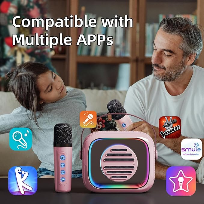 YF93 Mini Karaoke Machine for Kids with Bluetooth Speaker, 7 Voice-Changing Modes, Dual Microphones, Colorful LED Lights, TF Card Support, Portable Singing Gift for Children and Parties(Pink)
