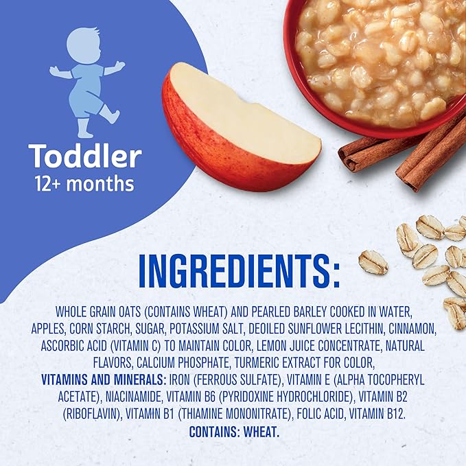 Gerber Oatmeal and Barley Apple Cinnamon Cereal, Toddler Oatmeal, Iron, Whole Grains, 8PK