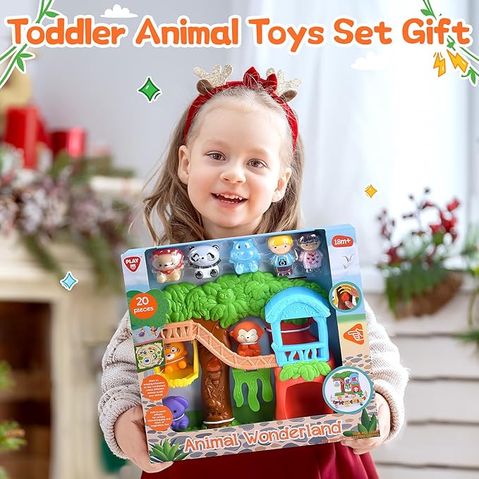 PLAY Safari Animals Figures Toys Playset, 20Pcs Realistic Jungle Forest Zoo Animals Figurines Tree House Playset with Lights & Sounds for Toddlers, Learning Toys Gifts for Girls Boy Ages 18M+