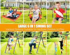 Swing Sets for Backyard 3 Seats - 6 in 1 Swing Set Outdoor for Kids, Extra Large Heavy Duty Metal Swing Frame with 3 Adjustable Swings, Climbing Ladder and Net, Basketball Hoop, Load 700 lbs