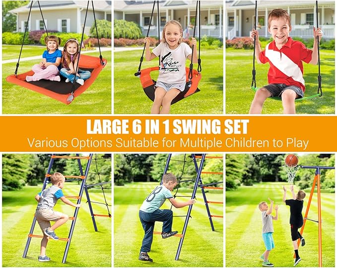 Swing Sets for Backyard 3 Seats - 6 in 1 Swing Set Outdoor for Kids, Extra Large Heavy Duty Metal Swing Frame with 3 Adjustable Swings, Climbing Ladder and Net, Basketball Hoop, Load 700 lbs