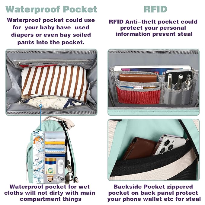 Jiefeike Diaper Bag Backpack,Green diaper bags for baby girl boy, girl diaper bag backpack, Insulated Pockets Portable toddler diaper bag with USB Charging Port, RFID Anti-Theft Pocket