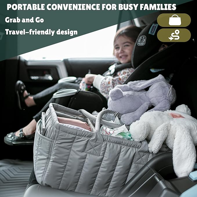 Large Diaper Caddy Organizer with Handle Neutral Boy Girl – Baby Basket for Nursery, Car, Changing Table – Portable Baby Storage with Compartments – Perfect for New Parents and Baby Shower Gifts