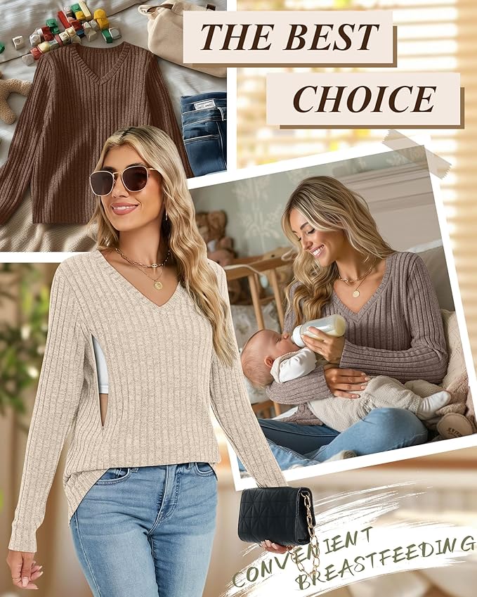 3 Pack Women's Maternity Nursing Tops, V Neck Breastfeeding Sweaters Long Sleeve Hidden Zipper Shirts