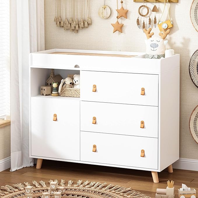 Baby Dresser Changing Table with Drawers,Shelf,Hidden Laundry Basket Storage,2 in 1 Nursery Dresser Chest for Infants, Baby Diaper Changing Station for Daycare,Bedroom,White