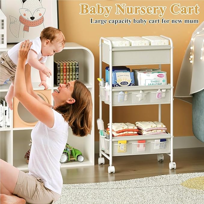3-Tier Baby Diaper Caddy Cart Organizer,Mobile Nursery Storage Cart with Wheels，With 2 Dividers & 14 Mesh Pockets Durable Metal Utility Cart for Nursery, Bedroom, Bathroom Essentials Organization