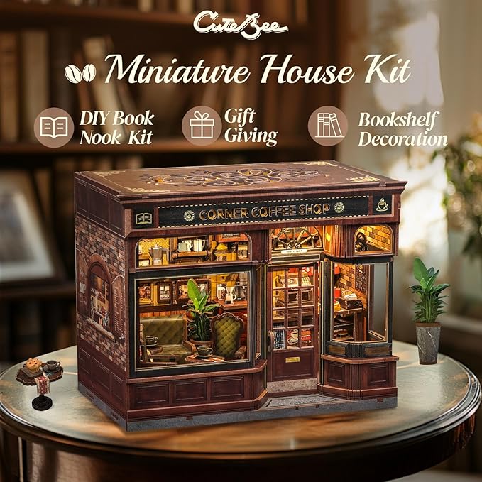 CUTEBEE Book Nook Kit - DIY Miniature House Coffee Shop Dollhouse Kit for Adults and Teens, Booknook Tiny House Bookshelf Decor 3D Wooden Puzzle, Gifts for Family, Friends (Corner Coffee Shop)