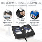 Full Grain Leather Family Passport Holder for 2-4 Passports - RFID Passport Holder and Travel Document Organizer - Large Leather Travel Wallet for Couples and Families - Black