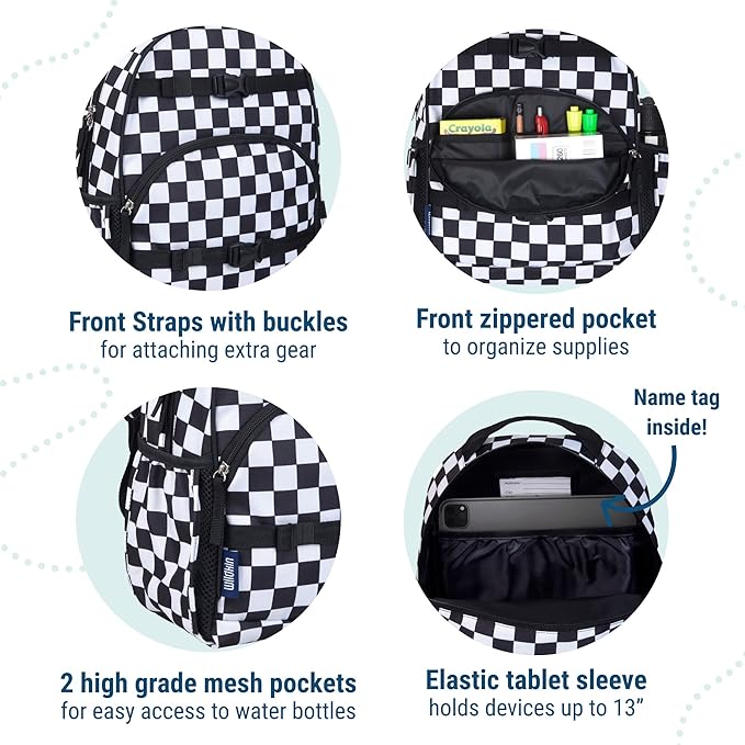 Wildkin ECO rPET 15-inch Kids Backpack – Sustainable, Padded, Adjustable – Black & White Checkered