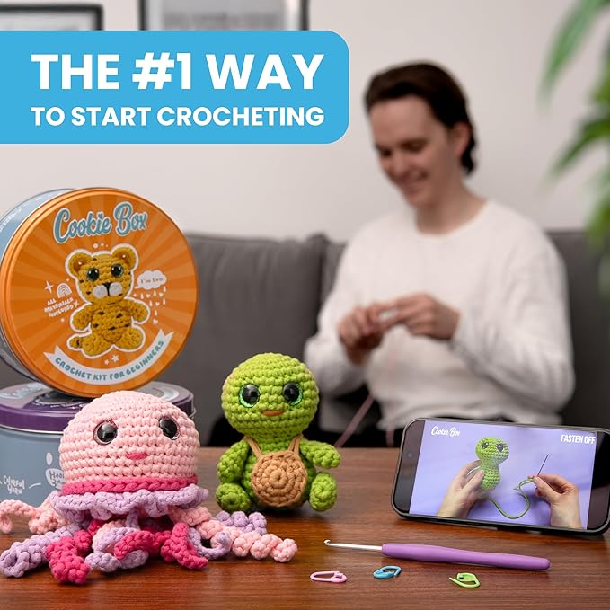 Cookie Box Crochet Kit for Beginners - Learn to Craft Amigurumi Stuffed Animals - Knitting Gift for Kids and Adults - Beginner-Friendly Yarn - Stitch-by-Stitch Video Tutorial - Leopard Leo