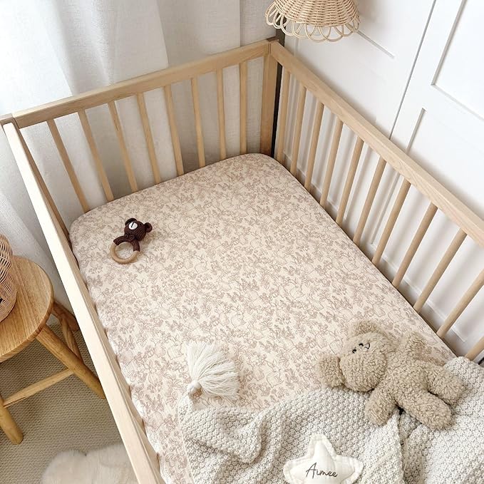 BuLuTu 2 Pack Muslin Crib Sheets for 52"x28" Standard Crib Mattress, Cute Rabbit Print Fitted Crib Sheets for Boys Girls Toddlers, Boho Neutral Soft Cotton Baby Sheets, Beige & Forest