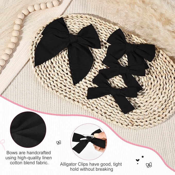 DEEKA 4 PCS Black Cotton Linen Hair Bows 3 Styles 5" & 4" Handmade Hair Bow set for Toddler Girls Alligator Hair Clips Knot Bows Hair Accessories for Little School Girls (Black)
