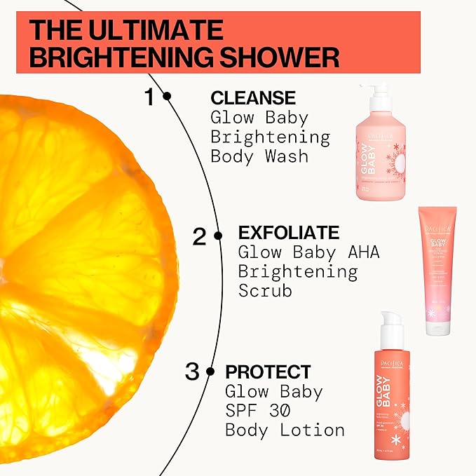 Pacifica Glow Baby Brightening Body Wash – Vitamin C & AHA Exfoliating Body Wash for Glowing Skin, Moisturizing Daily Shower Gel for Dull Dry Skin, Niacinamide & Kakadu Plum, Vegan, 10 oz