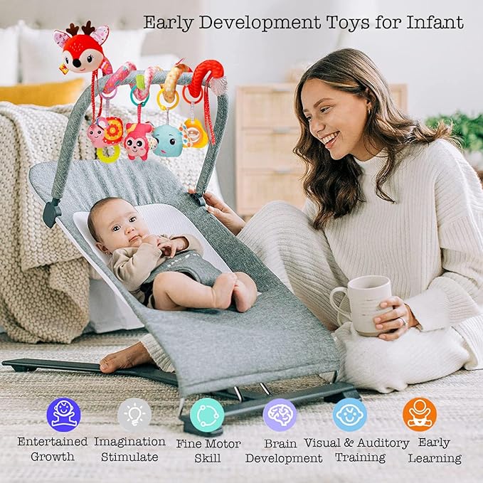 Stroller Toys, Car Seat Toys for Babies 0-6 Months Infants Activity Spiral Hanging Crib Toy Gift for Baby Boys and Girls 0 3 6 12 Months Newborn Sensory Toy with Rattles Squeaker Music- Red