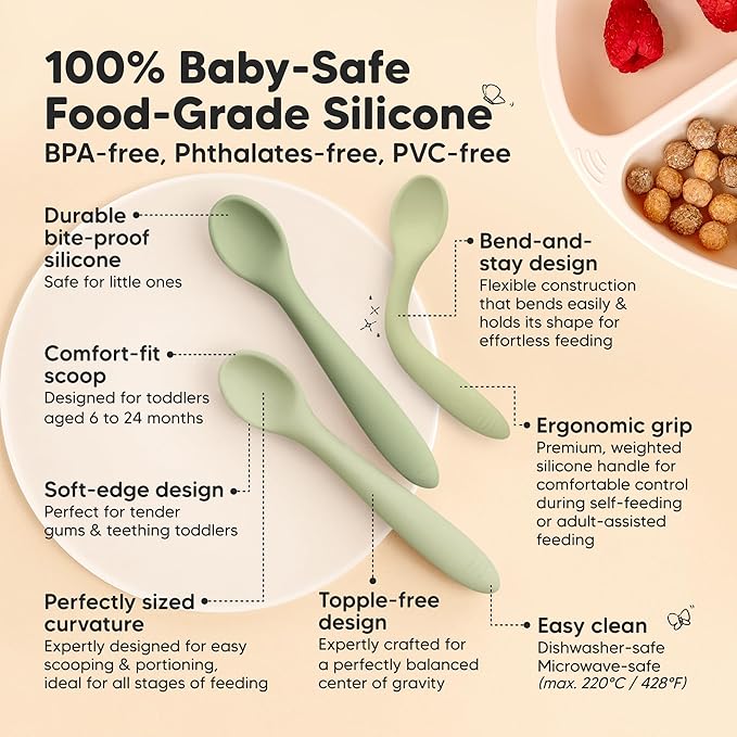 KeaBabies Silicone Baby Spoons, Self Feeding 6-12 months - 3-Pack Baby Weaning Eating Utensils, Toddler First Food Training Spoon, Infant, Kids Feeding Supplies Essential Set, Dishwasher-safe (Sage)