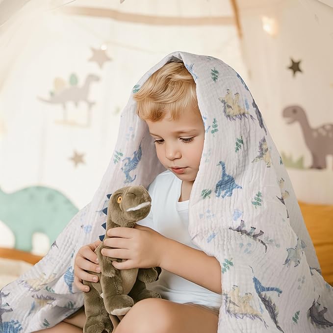 Muslin Swaddle Blankets for Newborn, 3 Pack Breathable Soft Receiving Blanket, Large 38 x 40 inches Swaddle Wrap Burping Clothes Diapers, Essentials Infant Shower Items, Toddler Gift (Blue Dinosaur)