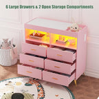 GarveeHome Dresser for Bedroom with 6 Drawers, Baby Changing Table Dresser with Changing Pad, LED Lights & Charging Station, Baby Changing Station with Changing Table Top (Pink)