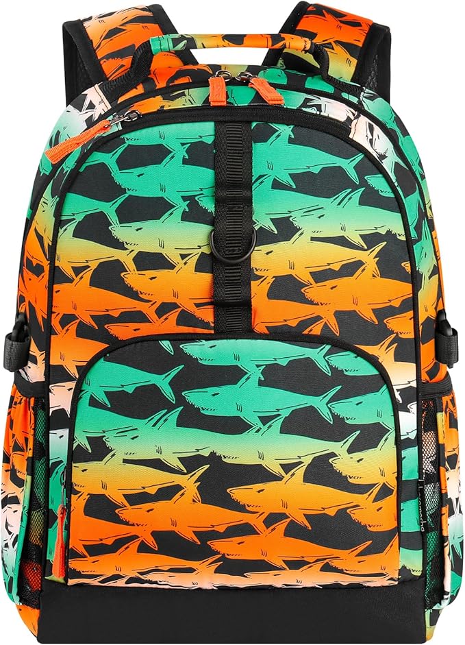 Choco Mocha Shark Backpack for Boys, Elementary School Backpack for Boys Ages 6-8 Kids Kindergarten Backpack Bookbag 17 Inch with Chest Strap