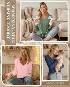 Huukeay 3 Pack Women's Long Sleeve Nursing Tops, Breastfeeding Hidden Zippers Shirts V Neck Maternity Pregnancy Tees Clothes