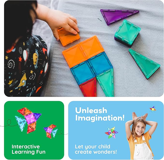 PicassoTiles 120pcs Mini Size Magnetic Tiles Magnet Toys Diamond Series Sensory Construction Building Blocks Set STEM Learning Travel Size Educational Toy for Kids Boys Girls Toddlers Age 3+ PTM120