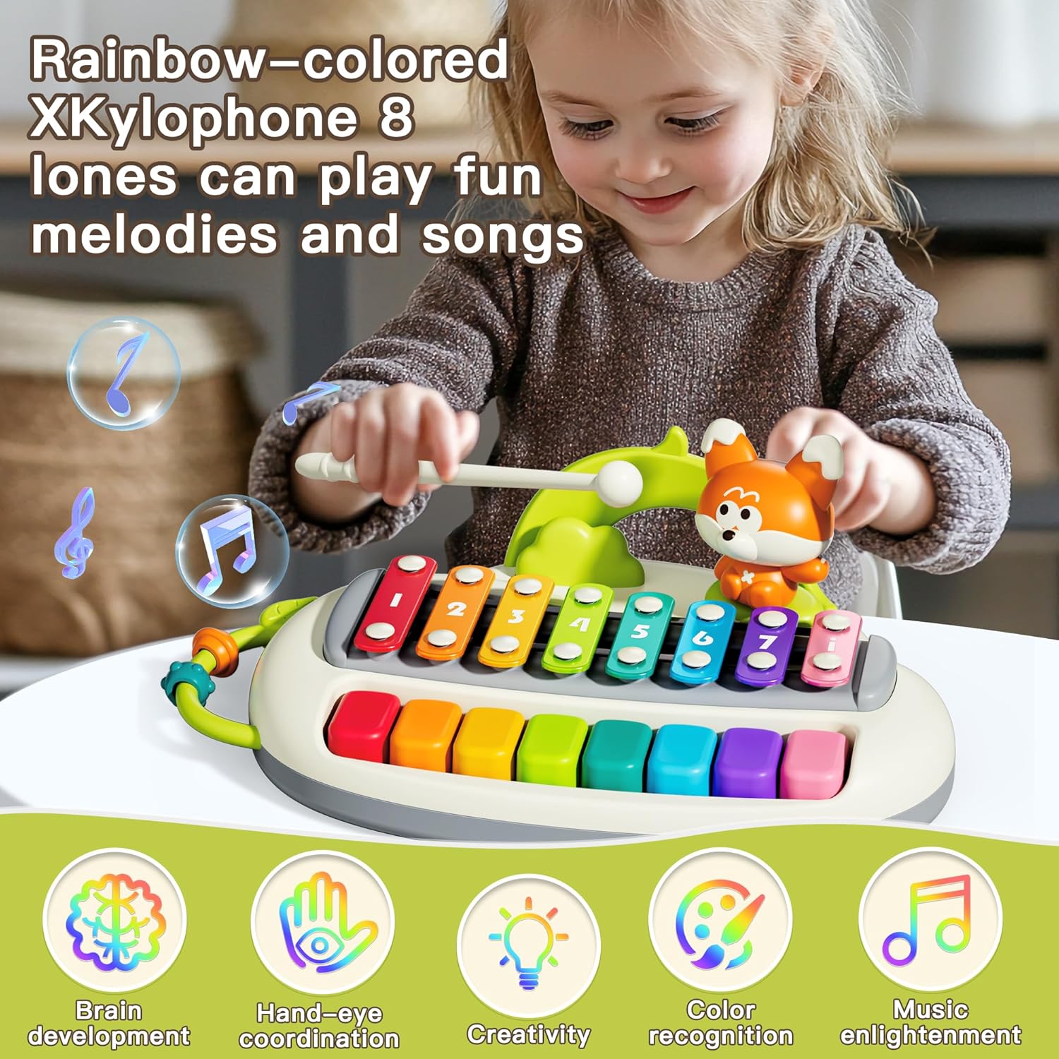 2 in 1 Baby Piano Xylophone for Toddlers， 8 Multicolored Key Keyboard Piano, Musical Table Percussion Sensory Toys ，Educational Musical Learning Instruments Toy for Kids Girls Boys
