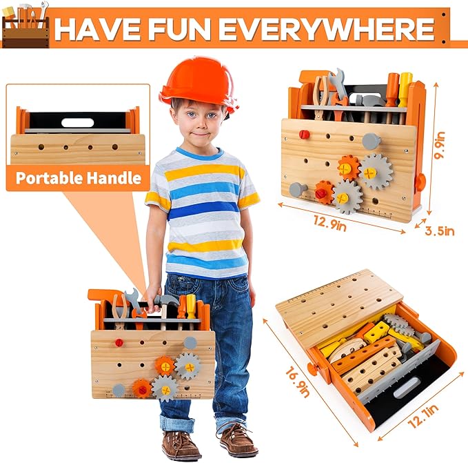 KIDWILL Wooden Tool Bench for Kids, 54-Piece Kids Tool Set with 2-in-1 Workbench & Take-Along Tool Kit, STEM Educational Toy Tools for Kids Ages 3 4 5 6 7 8 Years Old, Boy Toys