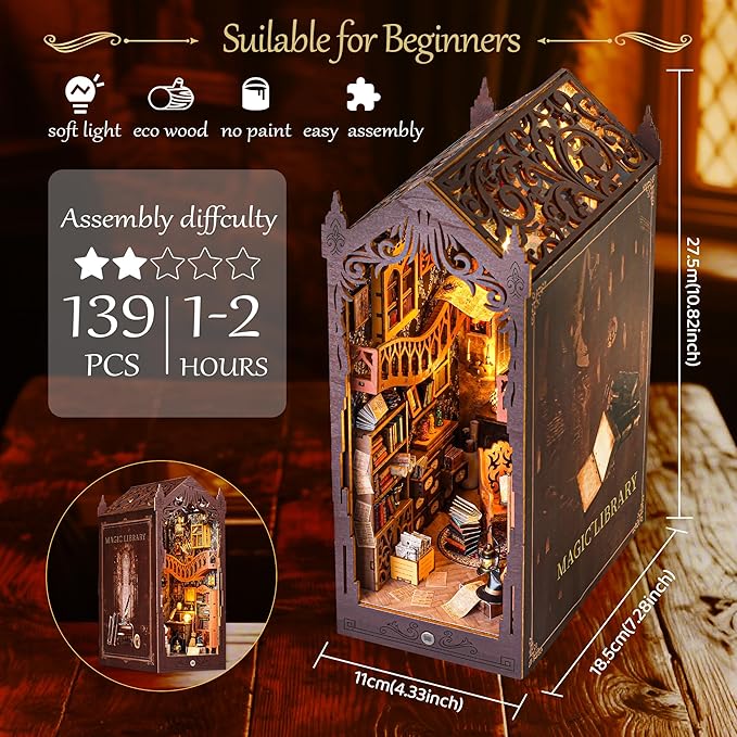 Book Nook Kit for Adult DIY Booknook Dollhouse Miniatures Bookshelf Insert Library Decor 3D Wooden Puzzle