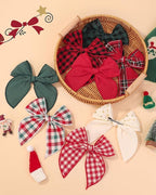 Doboi 8PCS Baby Girls Hair Clips Large Christmas Fable Hair Bows Cotton Linen Bows for Girls Gingham Hair Accessories for Baby Toddlers Kids