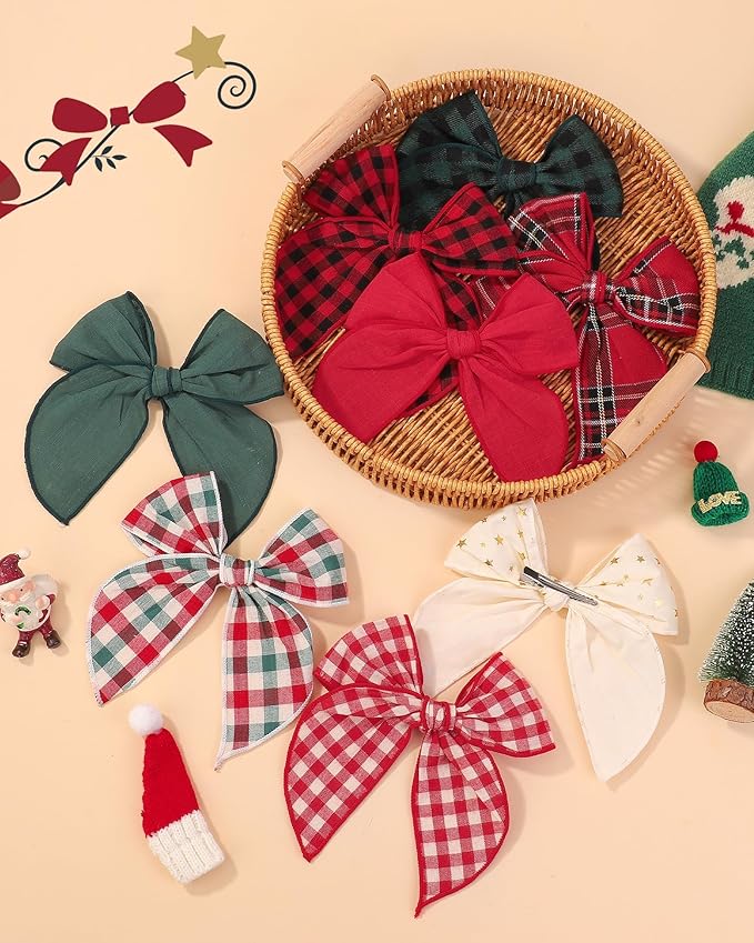 Doboi 8PCS Baby Girls Hair Clips Large Christmas Fable Hair Bows Cotton Linen Bows for Girls Gingham Hair Accessories for Baby Toddlers Kids