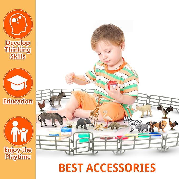 TOYMANY 20PCS Corral Fencing Panel Accessories Playset Includes 2 Gates Fences, Plastic Fence Toys for Barn Paddock Horse Stable or Farm Animals Horses Figurines, Educational Gift for Kids Toddler