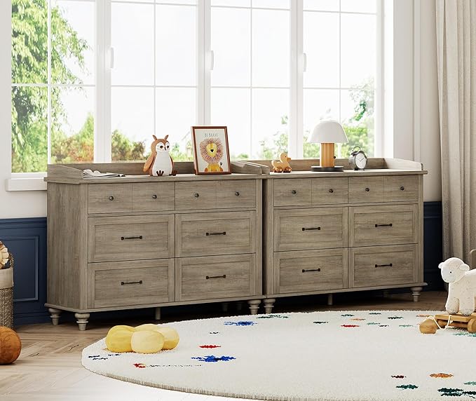 WAMPAT Set of 2 Kids Dresser with 12 Drawers, 2-in-1 Baby Dresser for Bedroom & Kids Room, Rustic Chests & Dressers Wooden Closet Organizer for Children's Bedroom, Grey