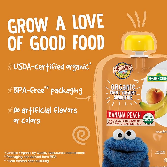 Earth's Best Organic Yogurt Smoothie Pouches, 24+ Months, Fruit Yogurt Smoothie for Toddlers 24 Months and Up, Banana Peach, 4.2 Ounce Resealable Pouch (Pack of 12)