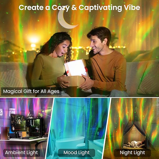 Star Projector with Bluetooth Speaker, 1800mAh Battery Operated Night Light Galaxy Projector, Northern Lights Aurora Projector with Moon, Mood Ambient Lighting for Bedroom Kids Girls Adults