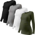 Ficerd 4 Pack Women's Maternity Shirts Cotton Long Sleeve Ribbed Crew Neck Pregnancy Tops Side Ruched Casual Mama Clothes