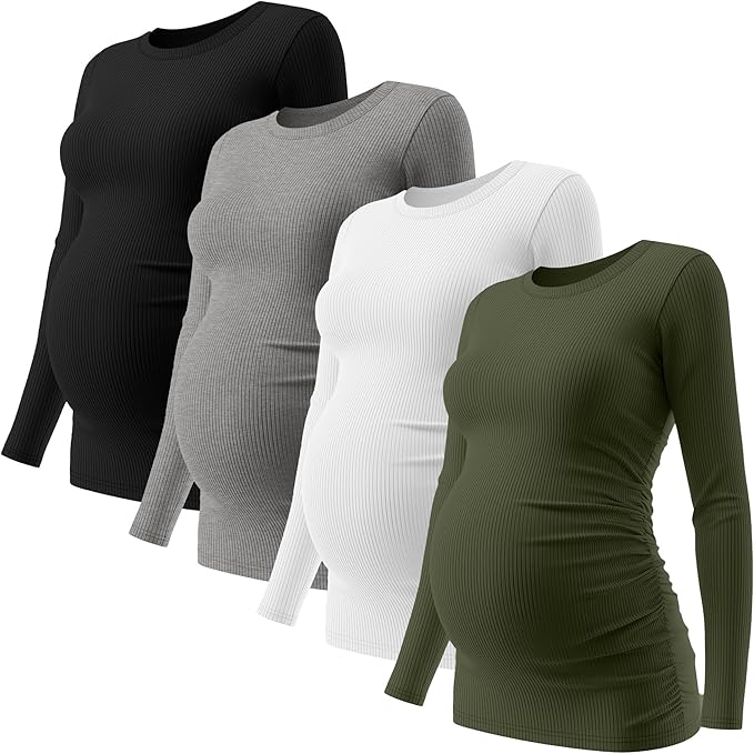 Ficerd 4 Pack Women's Maternity Shirts Cotton Long Sleeve Ribbed Crew Neck Pregnancy Tops Side Ruched Casual Mama Clothes