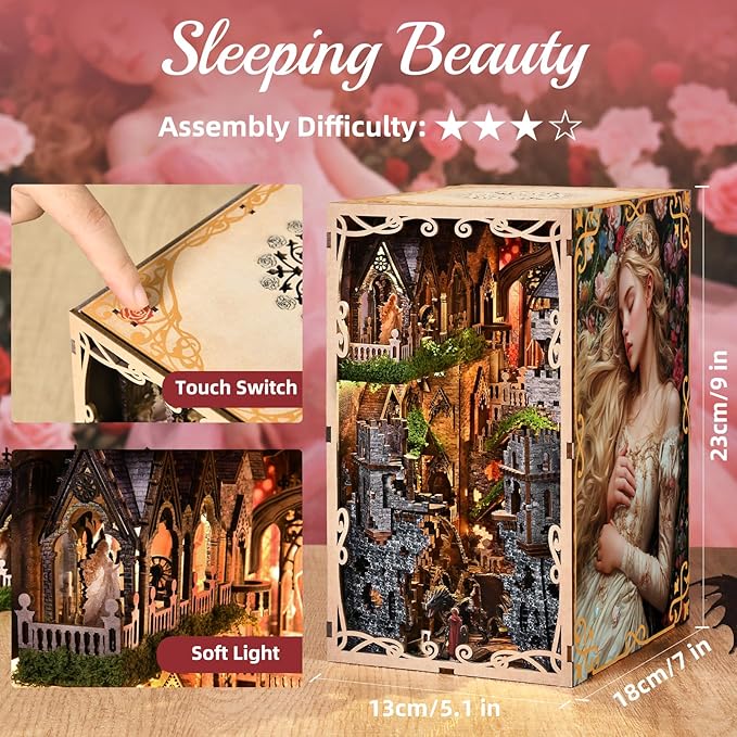 Book Nook Kit - DIY Miniature House 3D Wooden Puzzle for Adult and Teens, Booknook Bookshelf Decor Scale Model Build with LED Light, Gifts for Family and Friends (Sleeping Beauty)