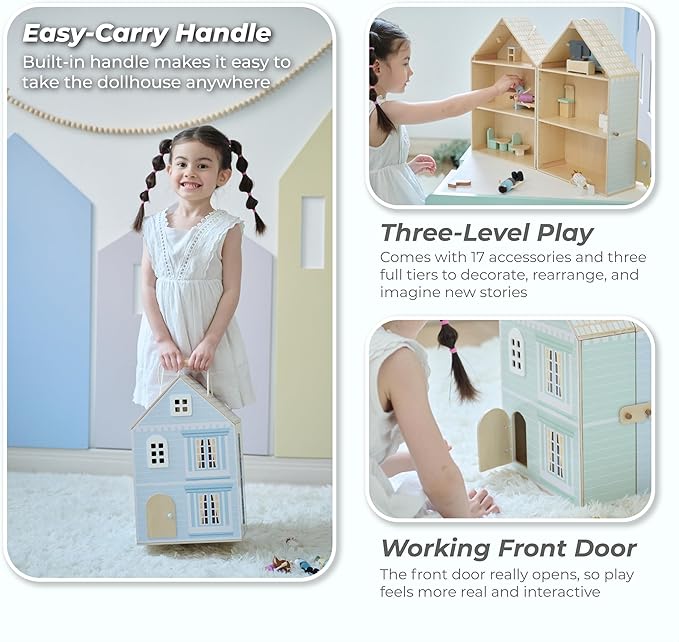 Olivia's Little World Folding Wooden Dollhouse – 3-Story Portable Playhouse with Furniture, Family Figures & Pet, Built-in Carry Handle, Compact Fold-Up Design Toy for Ages 3+
