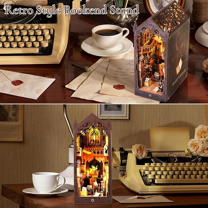 TuKIIE DIY Book Nook Miniature Kit, Booknook Dollhouse Bookshelf Insert with Sensor Light & Dust Proof, Wooden Decorative Bookend Stand Model Kits for Kids Teens Adults(Magic Library)