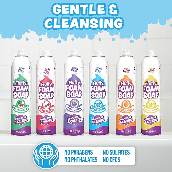 Tub Works® Fluffy Foam Soap, Variety 6 Pack | Shape, Mold & Create Bath Art with Soft Bath Foam for Kids | Gentle, Cleansing Kids Bath Soap | Easy-to-Use Spray Nozzles | Fruity, Fun Bath Colors