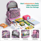 Choco Mocha Cheetah Backpack for Girls, Elementary School Backpack for Girls Ages 6-8 Kids Kindergarten Backpack Large Bookbag 18 Inch with Chest Strap, Pink