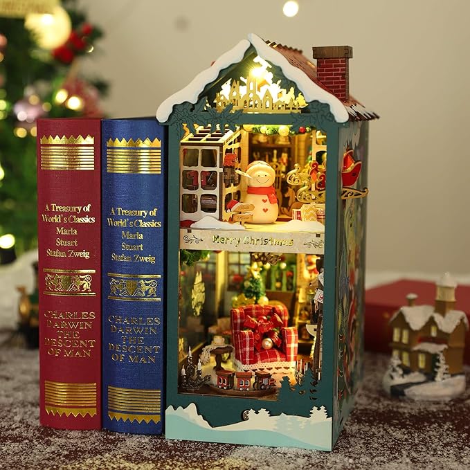 Christmas Book Nook Kit - DIY Miniature House Dollhouse Kit for Adults and Teens, Booknook Bookshelf Insert Christmas Decorations, Gifts for Family and Friends (Merry Christmas)
