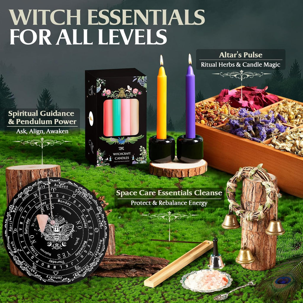Witchcraft Supplies Kit, 150Pack Wiccan Supplies and Tools Witchy Gifts for Beginners, Dried Herbs, Crystals, Candles, Green Witch Altar Starter Spell