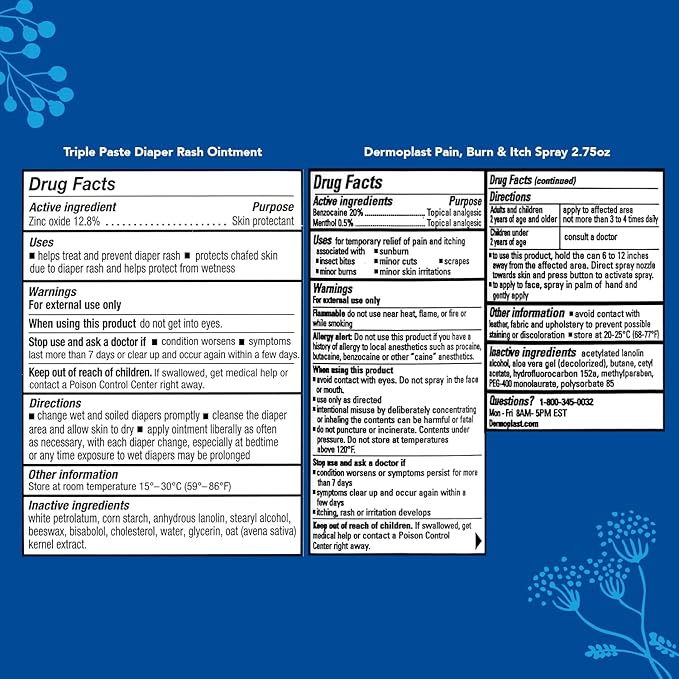 Triple Paste Mom & Baby Early Essentials Gift Set with 5 Items, Diaper Rash Ointment 8oz Jar & 2oz Tube, Spatula Applicator, Dermoplast Spray, and Multi-Use Cover, Shower Gifts for Moms