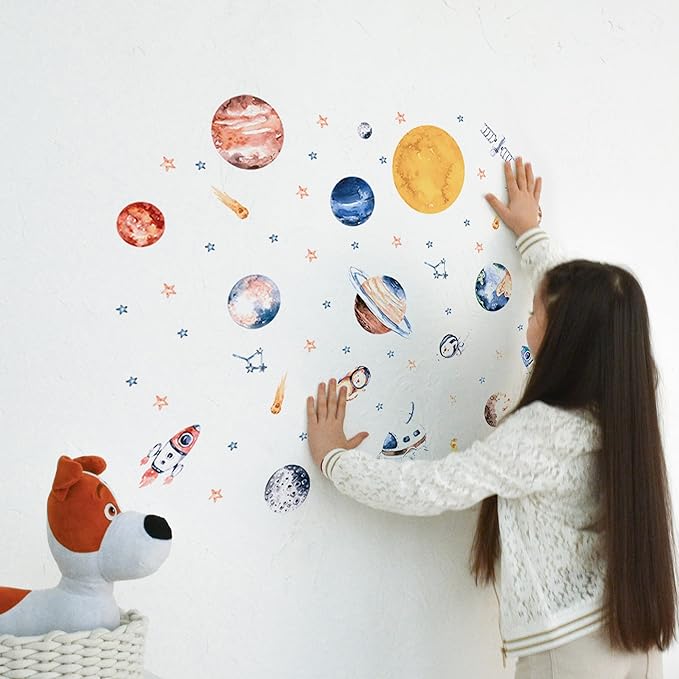 Solar System Wall Decals for Kids - Planets and Space Themed Wall Stickers by Lipastick - Peel and Stick Vinyl Decals for Boys and Girls Bedroom, Nursery, Playroom - Wall Stickers for Girls Room