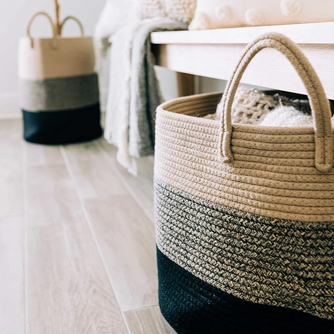 OrganiHaus Woven Laundry Basket, Large Cotton Rope Blanket Holder with Handles, Soft & Sturdy Nursery Hamper, Decorative Toy Bin for Living Room Organization 20x13 inches - Brown/Black